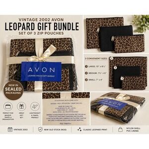 Vintage 2002 Avon Leopard Pouch Set 3pc SEALED NOS Makeup Cosmetic Travel Bags